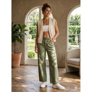 Loft Wide Leg Pants Olive Green High Rise Cropped Twill Size 14P 32
